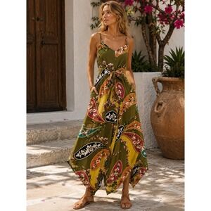 Ivy Street Floral Wide Leg Jumpsuit Rayon Tie Waist Boho Resortwear Small